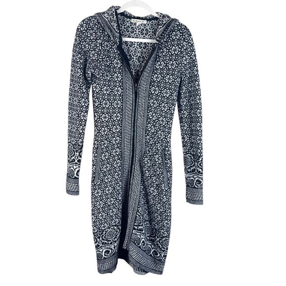 Akini Y2K Long Knit Cardigan Sweater Duster XS Black White Whimsygoth Fair Isle - Picture 1 of 9